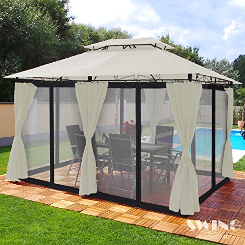 Swing & Harmonie Luxus Pavillon 3x4m Minzo - inklusive Seitenwände Gartenpavillon Partyzelt Gartenzelt (mit Moskitonetz, Creme) von Swing & Harmonie