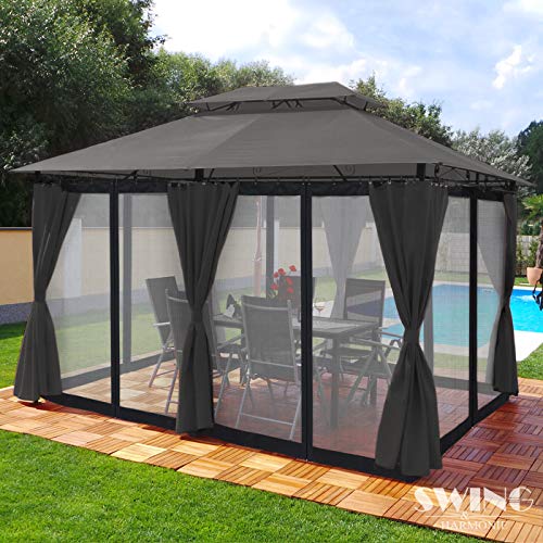 Swing & Harmonie Luxus Pavillon 3x4m Minzo - inklusive Seitenwände Gartenpavillon Partyzelt Gartenzelt (mit Moskitonetz, anthrazit) von Swing & Harmonie