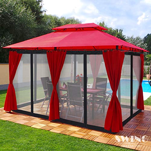 Swing & Harmonie Luxus Pavillon 3x4m Minzo - inklusive Seitenwände Gartenpavillon Partyzelt Gartenzelt (mit Moskitonetz, rot) von Swing & Harmonie