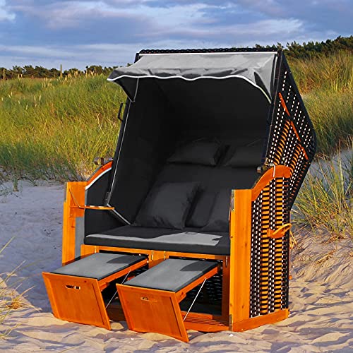 Swing & Harmonie LED - Strandkorb XXL - 118cm inkl. Abdeckcover Luxus Volllieger mit Solarmodul Ostsee Sonneninsel Rattan Möbel Polyrattan (anthrazit) von Swing & Harmonie
