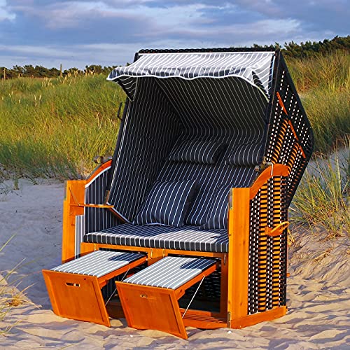Swing & Harmonie LED - Strandkorb XXL - 118cm inkl. Abdeckcover Luxus Volllieger mit Solarmodul Ostsee Sonneninsel Rattan Möbel Polyrattan (grau/weiß - nadelstreifen) von Swing & Harmonie