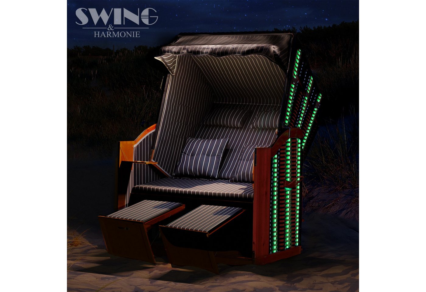 Swing&Harmonie Strandkorb XXL inkl. Abdeckcover Luxus mit 4 Kissen, Klapptische, Zeitungsfächer, Volllieger, Ostsee-Modell von Swing&Harmonie