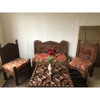 Massivholz Handgeschnitzt Kilim Sofa Set , Handgefertigtes 3Teilig Couch , Wohnzimmer , Kilim Gepolstert Sessel von SwingoDeutschland