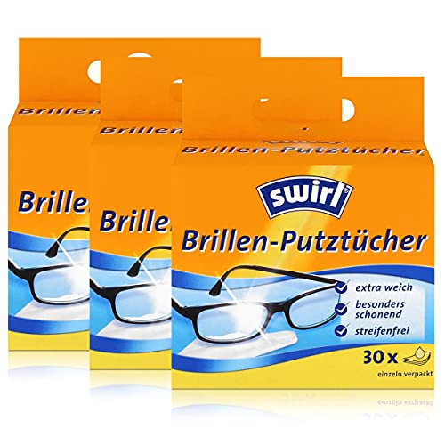 Swirl Brillen-Putztücher 30 einzeln verpackte Tücher in Spenderbox - Anti-Beschlag-Effekt - Extra weich und schonend - Fettlösend - Streifenfrei (3er Pack) von Swirl