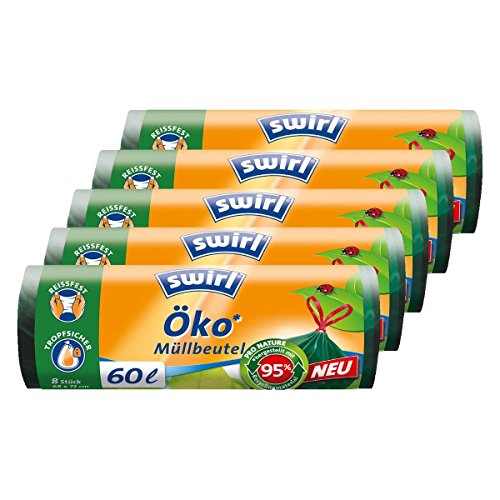 Swirl Öko Müllbeutel 60L 8 stk./ Rolle mit Zugband (5er Pack) von Swirl