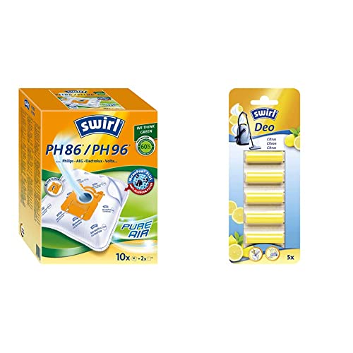 Swirl PH 86/ PH 96 MicroPor Plus Staubsaugerbeutel für Philips, AEG, Electrolux und Volta Staubsauger, Anti-Allergen-Filter, 10 Stück inkl. 2 Filter & Staubsauger Deo-Sticks Citrus 5x von Swirl