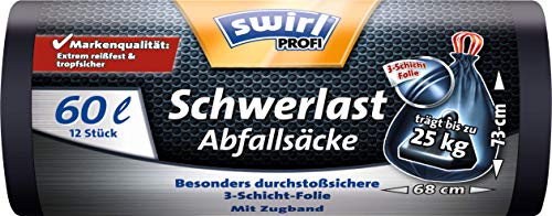 Swirl Profi Schwerlast-Abfallsäcke mit Zugband, 60 Liter, Reißfest, 12 Stück pro Rolle von Swirl