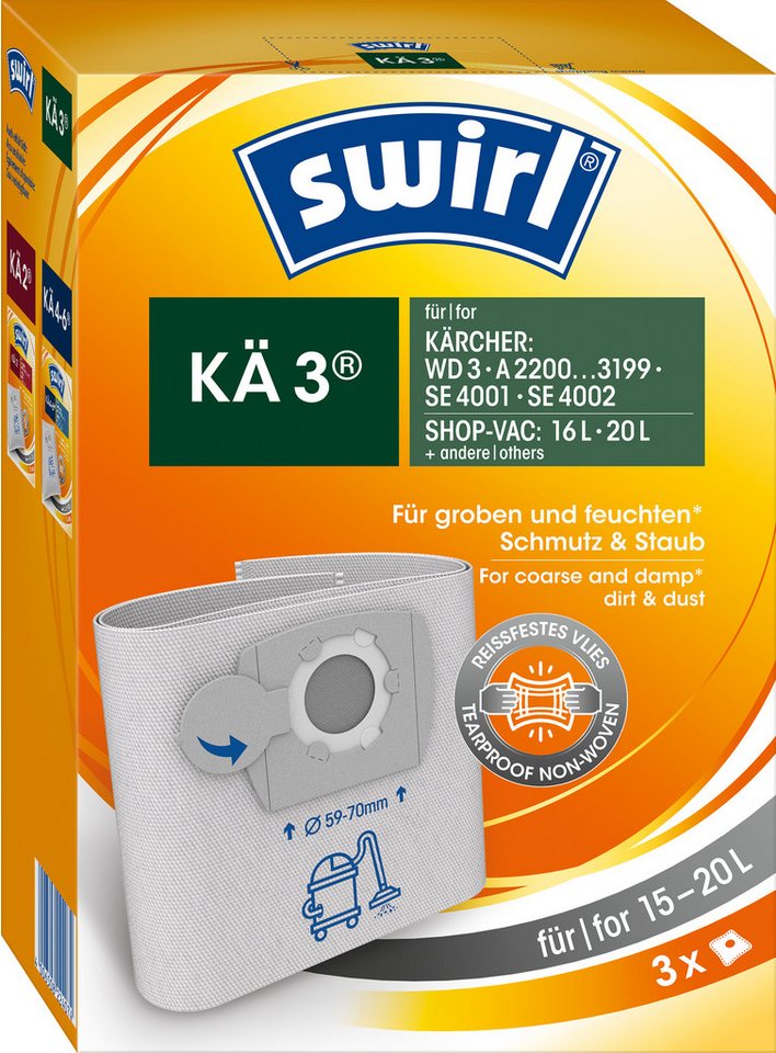 Swirl Staubsaugerbeutel Swirl KÄ3 KÄ 3, passend für Kärcher Staubsauger, 3 St., Optimale Passform, Leistung und Form exakt abgestimmt von Swirl