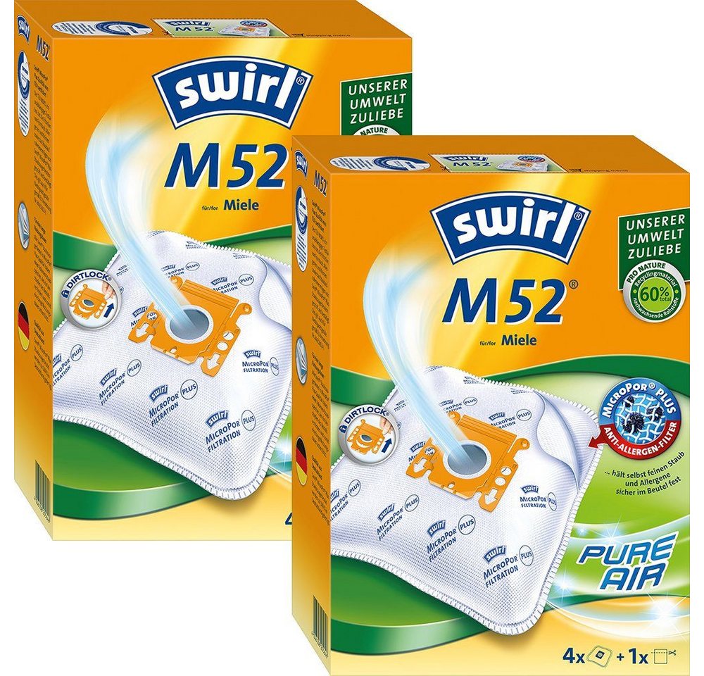 Swirl Staubsaugerbeutel Swirl M52 M 52, passend für Miele Staubsauger, inkl. 2 Filter - zuschneidbar, 8 St., Optimale Passform, MicroPor® Plus-Qualität für lange Nutzungsdauer von Swirl