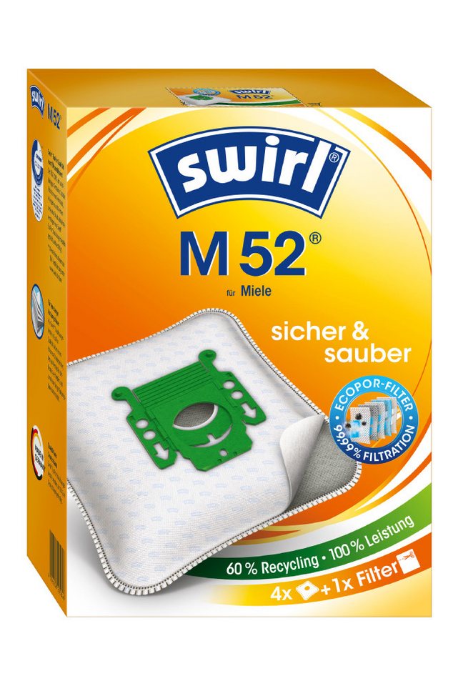 Swirl Staubsaugerbeutel Swirl M52 M 52, passend für Miele Staubsauger, inkl. 2 Filter - zuschneidbar, 8 St., Optimale Passform, MicroPor® Plus-Qualität für lange Nutzungsdauer von Swirl