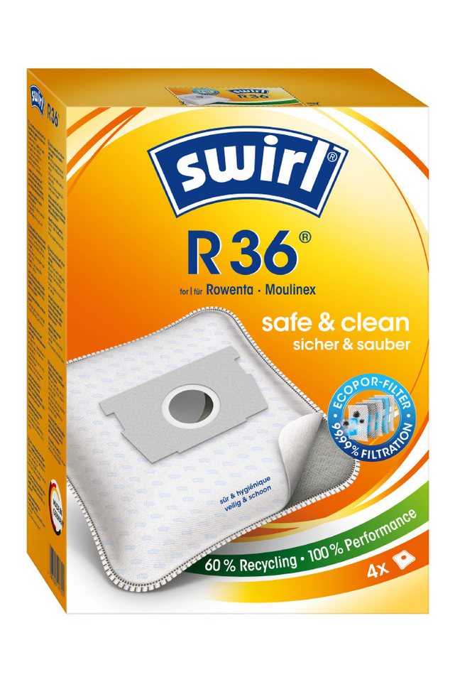 Swirl Staubsaugerbeutel Swirl R36 R 36, passend für Rowenta Moulinex Staubsauger, 12 St., Optimale Passform, EcoPor Qualität für lange Nutzungsdauer von Swirl