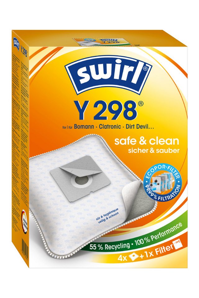 Swirl Staubsaugerbeutel Swirl Y298 Y 298, passend für Clatronic Dirt Devil Progress Staubsauger, inkl. 4 Filter - zuschneidbar, 16 St., Optimale Passform, EcoPor Qualität für lange Nutzungsdauer von Swirl