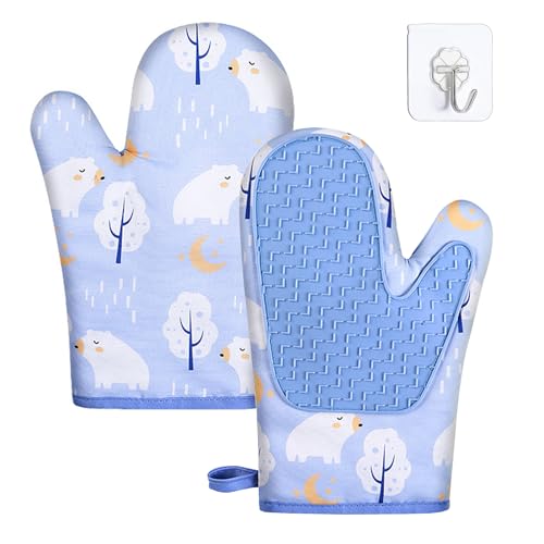 Backofenhandschuhe Hitzebeständig, Baumwolle und Silikon Ofen Handschuhe Nette Ofen Handschuhe zum Kochen Backen Mikrowelle, mit hängendem Haken 2pcs (Blau) von SwirlColor