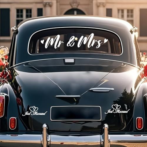 Herr und Frau Just Married Auto Aufkleber Set, Herr und Frau Auto Hochzeit Aufkleber Selbstklebende gerade verheiratete Dekorationen für Auto Fenster Spiegel Honeymoon Hochzeit von SwirlColor