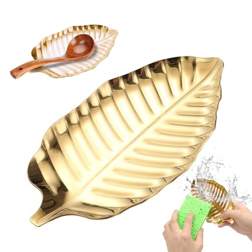 Löffel Halter Küchenruhe, kein Rost Keine Form Edelstahl Golden Teelöffel Rest Blatt Form Kleine Kochlöffel Rest für Countertop Besteck Spatel Zangen, mit Spülschwamm von SwirlColor