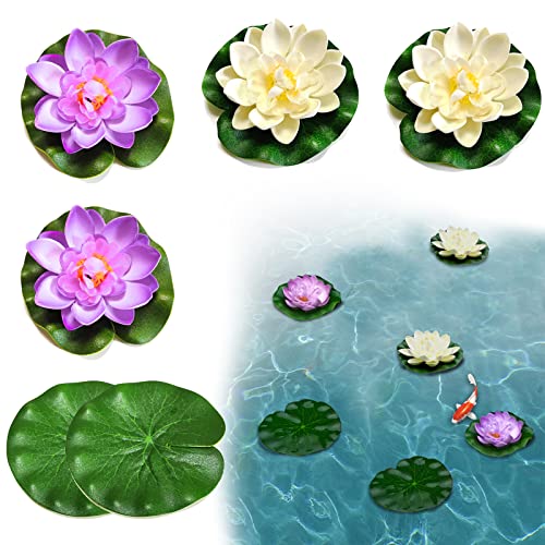 SwirlColor Lotusblüte Lotusblätter Set 6 Stück, Seerose Künstlich Schwimmendes Schaumlaub für Aquarienteichdekoration von SwirlColor