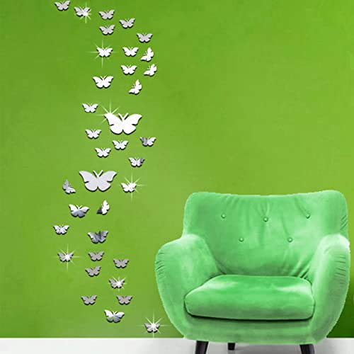 Spiegel Schmetterling Deko, 36pcs Acryl 3D Wandkunst Aufkleber Spiegel Aufkleber für Wohnzimmer Schlafzimmer Büro B Stil Nett (Silber) von SwirlColor