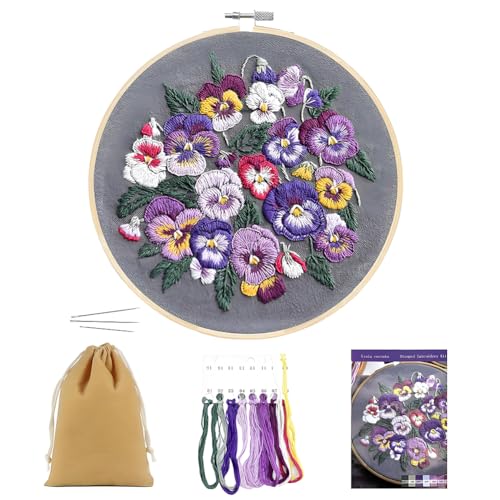SwirlColor Sticken Set Erwachsene Anfänger mit Muster, Leinen Viola Blumen Embroidery Kit Stickerei-Set Sticken Anfänger Set Enthalten Blumenstickerei Stoff Stickrahmen Nadel Farbfäden (Lila) von SwirlColor