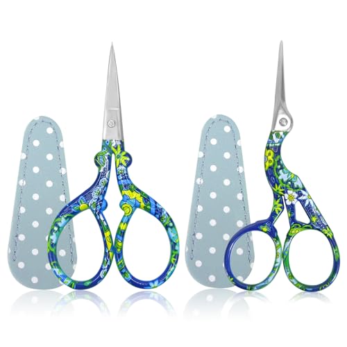 Stickerei Schere Kleine, 2PCS Edelstahl Handwerk Schere zum Nähen Gewinde Nadelarbeit Handwerk Trimmen mit gefälschter Leder Schere Abdeckung (Blau mit Blumen) von SwirlColor