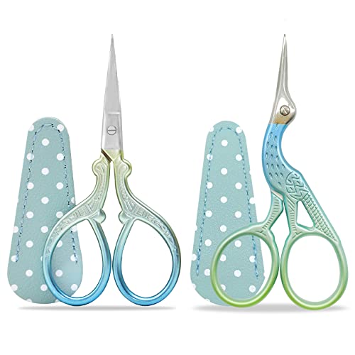 Stickerei Schere Kleine, 2PCS Edelstahl Handwerk Schere zum Nähen Gewinde Nadelarbeit Handwerk Trimmen mit gefälschter Leder Schere Abdeckung (Blau) von SwirlColor