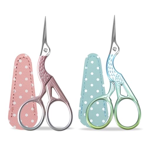 Stickschere 2er Set, Kleine Storchenschere Edelstahlschere für Bastelarbeiten Nähen mit Scherenüberzug aus Kunstleder - Rosa und Blau von SwirlColor
