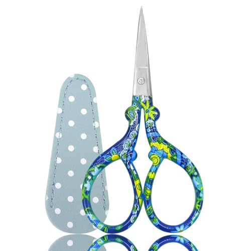 Stickschere Stoffschere Kleine Handwerk Edelstahl Schere zum Nähen Gewinde Nadelarbeit Handwerk Trimmen 1pcs mit gefälschtem Leder Schere Abdeckung (Blau und Weiß) von SwirlColor