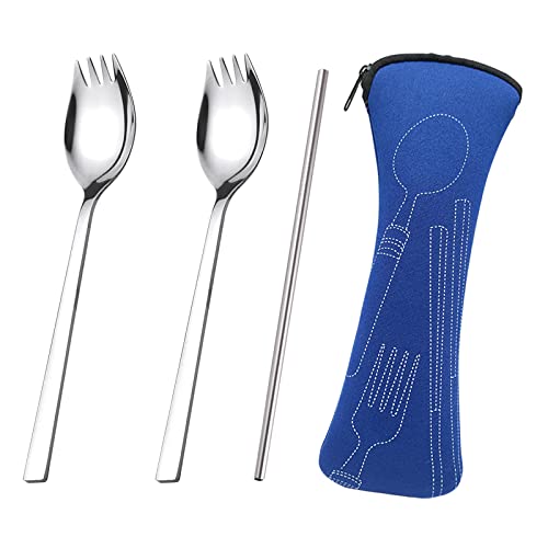 SwirlColor Göffel Edelstahl 2 Stück, Kreativer Camping Löffel Gabel mit Strohhalm Tragbar 2 in 1 Spork Göffel Edelstahl für Pasta Dessert Kuchen von SwirlColor