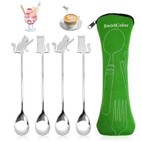 SwirlColor Kaffeelöffel 4Pcs, Schöne Edelstahl-Katzenlöffel Nette Kaffee-Eis-Tee-Kuchen Kleine Löffel mit Bestecktasche für Home Camping Picknick von SwirlColor