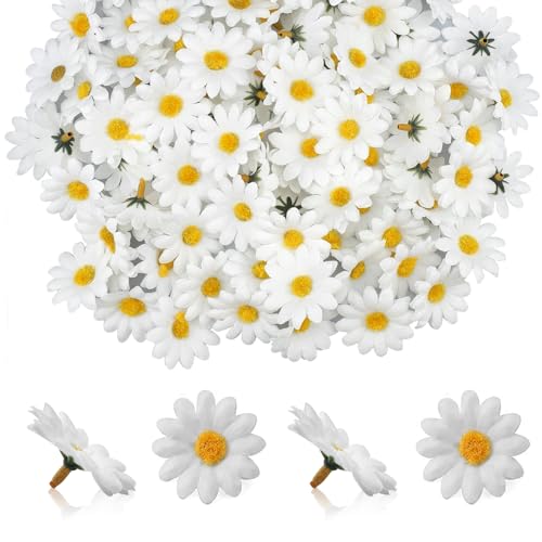 SwirlColor Kunstblumen zum Basteln, 100 Stück Weiß Seide Gänseblümchen Blütenköpfe KöPfe Seidenblumen für DIY Kranz Tiara Craft für Hochzeit Festliche Party 4cm/1.57zoll von SwirlColor