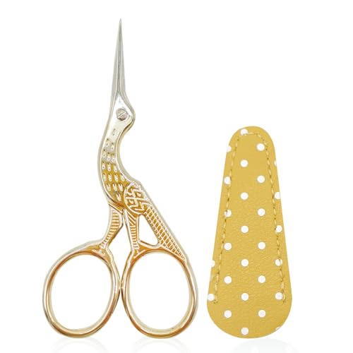 SwirlColor Stickschere, Edelstahl Storch Fadenschere Kleine Handwerksschere zum Nähen von Kreuzstich Nadelarbeit Faden mit PU Schere Abdeckung mit Gold von SwirlColor