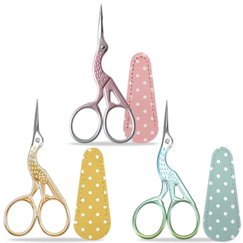 SwirlColor Stickschere 3er Set, Kleine Storchenschere Edelstahlschere für Bastelarbeiten Nähen mit Scherenüberzug aus Kunstleder von SwirlColor