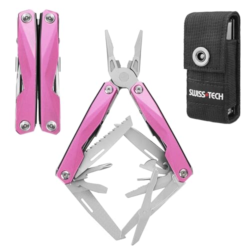 Swiss+Tech Multifunktionszange 16-in-1 Faltbare Multitool Werkzeug Edelstahl Multifunktionswerkzeug mit Schere Messer Säge Flaschenöffner Schraubendreher für Outdoor Reparieren mit Tragtasche Rosa von Swiss+Tech