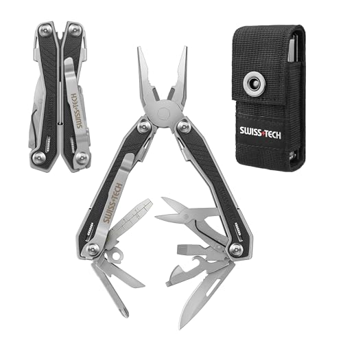Swiss+Tech Multifunktionszange 16-in-1 Multi-Tool Edelstahl Multifunktionale Zange Faltbar Multitool Werkzeug G10-Griff mit Messer Schere Flaschenöffner für Wandern Camping Reparieren mit Tragtasche von Swiss+Tech