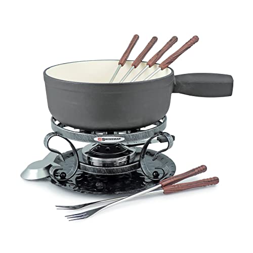 Swissmar KF-66513 Lugano Fondue Set 9-teiliges, Gusseisen/Edelstahl, Mattschwarz, 2L, Fondue-Set für Fleisch, Käse und Schokolade, für 4 Personen, Geschenkset von Swissmar