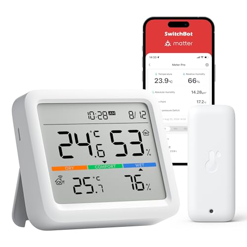 SwitchBot Bluetooth Wetterstation Funk mit Außensensor IP65, Hygrometer Thermometer mit Uhrzeit & Datum, Taupunkt/VPD/absolute Feuchte, Datenspeicherung für Gewächshaus, Keller, Weinkeller, Wohnzimmer von SwitchBot
