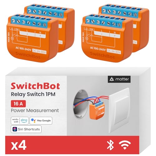 SwitchBot Matter Relais Schalter 1PM, Wlan Schalter kompatibel mit Alexa/Apple Home/Google Home, Leistungsmessendes Relaisschaltmodul mit integriertem Bluetooth Repeater, Bluetooth&Wi-Fi 2,4 GHz,16A von SwitchBot