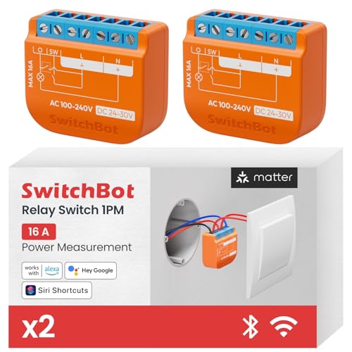 SwitchBot Matter Relais Schalter 1PM, Wlan Schalter kompatibel mit Alexa/Apple Home/Google Home, Leistungsmessendes Relaisschaltmodul mit integriertem Bluetooth Repeater, Bluetooth&WiFi 2,4GHz,16A von SwitchBot
