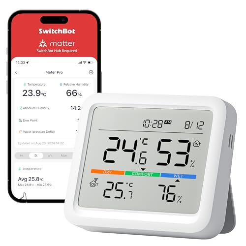 SwitchBot Hygrometer Thermometer Innen, Temperatursensor mit Datum/Wettervorhersage/Intelligenter Warnung, Kostenloser Datenspeicher-Export, SwitchBot Hub und Außenmeter erforderlich für Wetterstation von SwitchBot