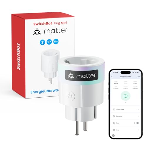 SwitchBot Plug Mini Matter-fähig mit Leistungsüberwachung, WLAN & Bluetooth-Steuerung, kompatibel mit Alexa, Google Home, SmartThings und Home Assistant, Sprachsteuerung und Remote-App-Zugriff, 16A von SwitchBot