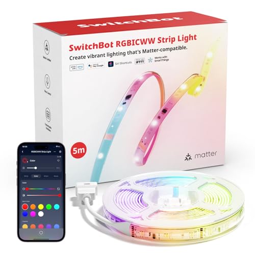 SwitchBot RGBICWW LED Strip 5M, 72LEDs/m Matter LED Streifen Kompatibel mit Apple Home, Alexa, Google Home, 16 Millionen Farben, Musik-Sync, Indirekte Beleuchtung, LED Leiste für Schlafzimmer, TV von SwitchBot