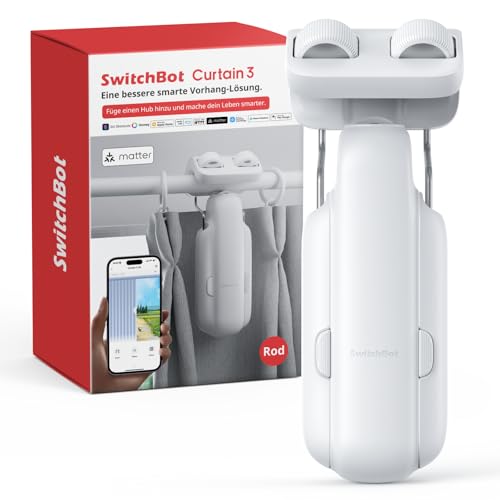 SwitchBot Smart Automatischer Vorhangöffner - Bluetooth Fernbedienung mit App/Timer, Aufgerüsteter Hochleistungsmotor, Kompatibel mit Matter/HomeKit (SwitchBot Hub 2 erforderlich) (Curtain 3, Rod) von SwitchBot
