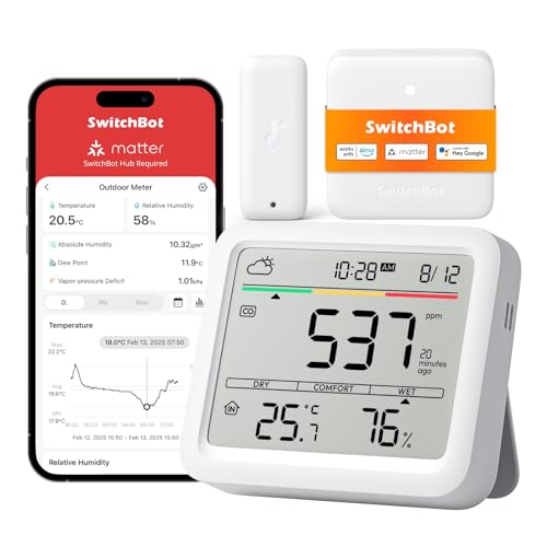 SwitchBot WLAN CO2-Melder, CO2 Messgerät mit IP65 Thermometer Hygrometer und Hub Mini Matter, Luftqualität Messgerät mit CO2-Alarm, Bluetooth CO2 Sensor mit APP, 2 Jahre Datenspeicher von SwitchBot
