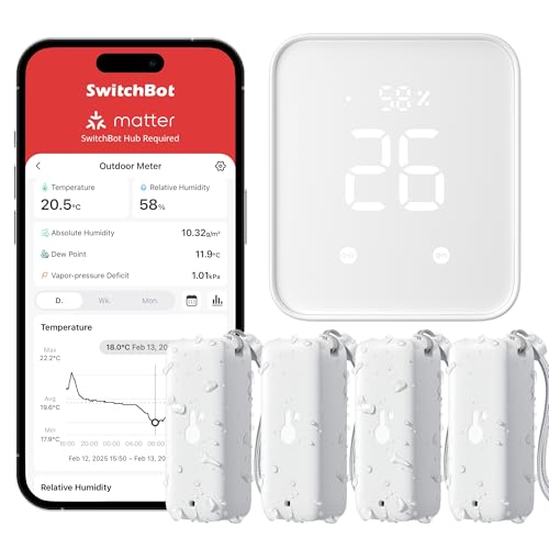 SwitchBot Matter Thermometer Hygrometer Innen und Außen 4Pack mit Hub2, IP65 Wasserdichter Temperatur und Feuchtigkeitssensor, Kompatibel mit Apple Home, Alexa, GoogleHome, IFTTT von SwitchBot