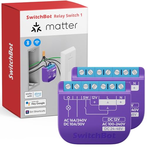SwitchBot Wlan Schalter 1 (2er-Pack) kompatibel mit Alexa/Apple Home/Google Home, Leistungsmessendes Relaisschaltmodul mit integriertem Bluetooth Repeater und Trockenkontakt, Wi-Fi 2,4 GHz, 16A von SwitchBot