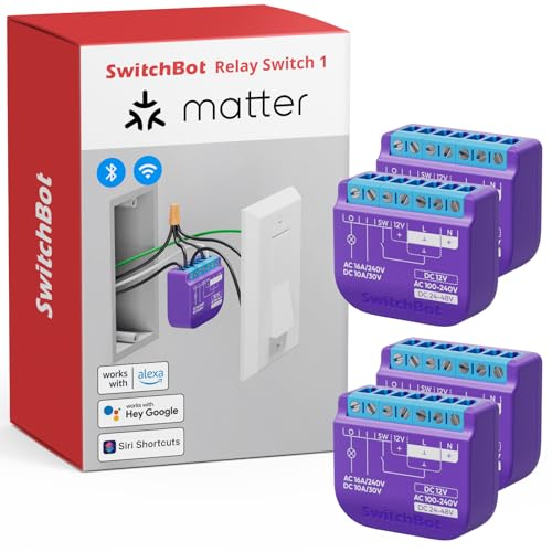 SwitchBot Wlan Schalter 1 (4er-Pack) kompatibel mit Alexa/Apple Home/Google Home, Leistungsmessendes Relaisschaltmodul mit integriertem Bluetooth Repeater und Trockenkontakt, Wi-Fi 2,4 GHz, 16A von SwitchBot
