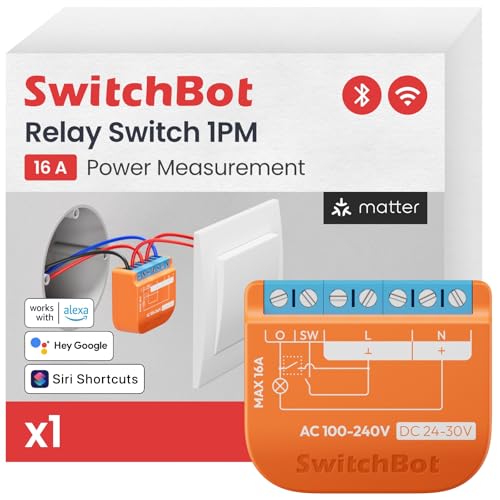 SwitchBot Matter Relais Schalter 1PM, Wlan Schalter kompatibel mit Alexa/Apple Home/Google Home, Leistungsmessendes Relaisschaltmodul mit integriertem Bluetooth Repeater, Bluetooth & Wi-Fi 2,4 GHz,16A von SwitchBot