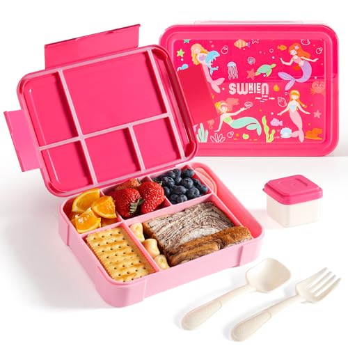 Brotdose Mit 6 Fächern,SWKIEN 1300ml Bento Box Auslaufsicher,Jausenbox mit Besteck(Löffel & Gabel),Lunchbox Kinder SpüLmaschinen & Mikrowellenfest,Brotbox für Kindergarten & Schule(Rosa） von Swkien