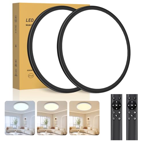 2 Stücke Deckenlampe LED Deckenleuchte mit Fernbedienung Dimmbar (3000K-6500K), 24W 2800LM, IP44 | Ø30cm (2,4cm) | Küchenlampe, Deckenleuchten Für Wohnzimmer, Schlafzimmer, Badezimmer, Schwarz von Swoieltr
