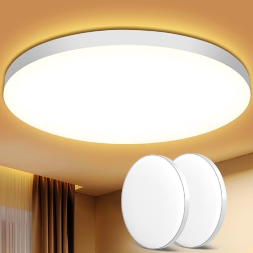 Deckenlampe LED Deckenleuchte Flach Ø28cm 2Stück 24W,3000K,LED Lampen 2000LM, IP44 Wasserfest Rund Wohnzimmerlampe Decke Schlafzimmer Modern Schlicht Ultra Dünn für Badezimmer/Wohnzimmer/Balkon/Keller von Swoieltr