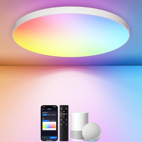 Deckenlampe LED RGBIC Smart, 24W Dimmbare LED Deckenleuchte Rund Flach 3000K-6500K Deckenleuchte mit Fernbedienung, Kompatibel mit Alexa & Google Assistant, für Schlafzimmer Wohnzimmer Kinderzimmer von Swoieltr